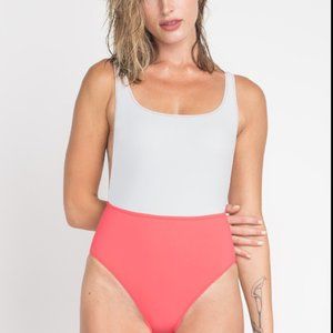 KORE Nyx Maillot High Cut Swimsuit in Redblush (light gray/red-orange), XL